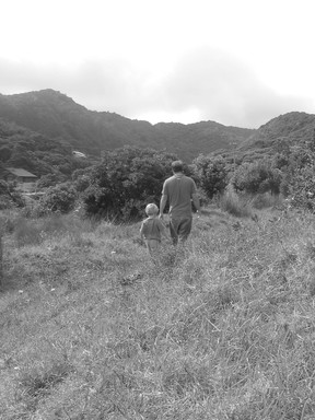 Angela Gibson Baker; exploring; Daddy walking and son following up in the grass area at piha