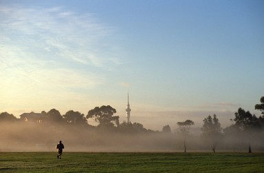 Marten Blumen; Morning run; A person jogs in a Onepoto Domain with Aucklands Sky Tower stands in the distance