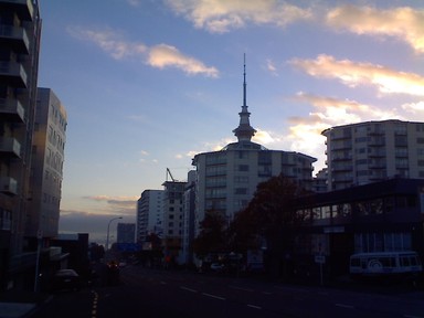 Jacky Cheung; Good Morning Auckland; Sun light hitting the sky tower
