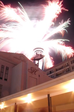 Nick Wood; Sky Tower Explosion; Taken on NYE 06. This picture was taken on the rooftop of The Heritage hotel over a long exposure and gives the impression that the Sky Tower is exploding.