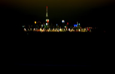 Linda Young; suspended city; view of city skyline from waiheke island