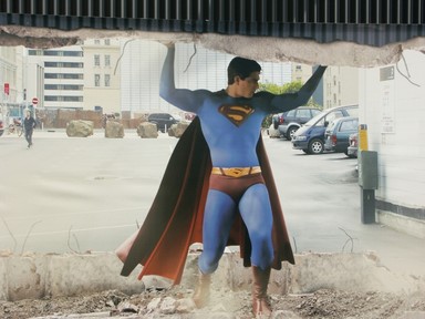 Zelda Wynn; SUPERMAN; Superman holding a wall at the Britomart Development