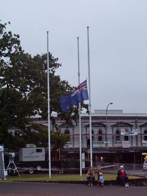  The NZ flag flying at half mast outside the Parnell Cathedral