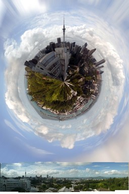 Fernando Vallejo;Auckland planet;mini planet made with a panorama of the city taken from the Auckland city hospital