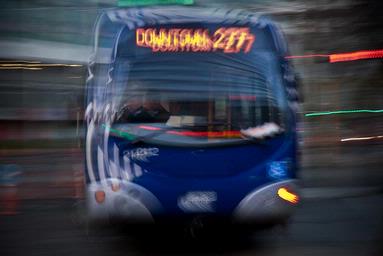 Alistair McNaughton; The 277 Approaching Warp Speed; Taken downtown Auckland in the gathering dusk.