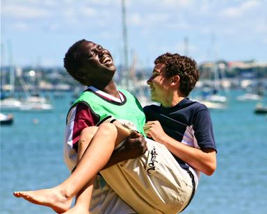 Terry Free; Laughter is the shortest distance between two people; Caught along the waterfront at Mission Bay