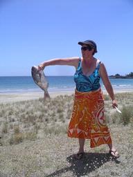 Joan Kirk; love that fish; The only fish caught in three days on Waiheke Island