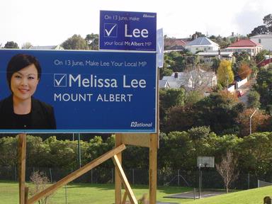 File photo; National MP Melissa Lee; True blue billboard in Mt Albert by election won by Labour