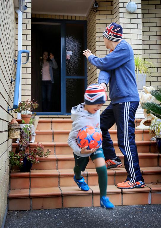 Leo Kwon;Daddy let's hurry up!;Running late to Saturday morning football game.
