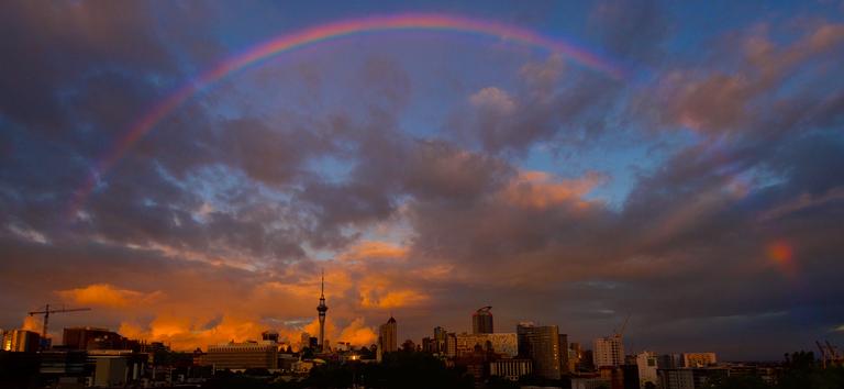 Paul Craze; Rainbow City; Early Morning rainbow over the city.