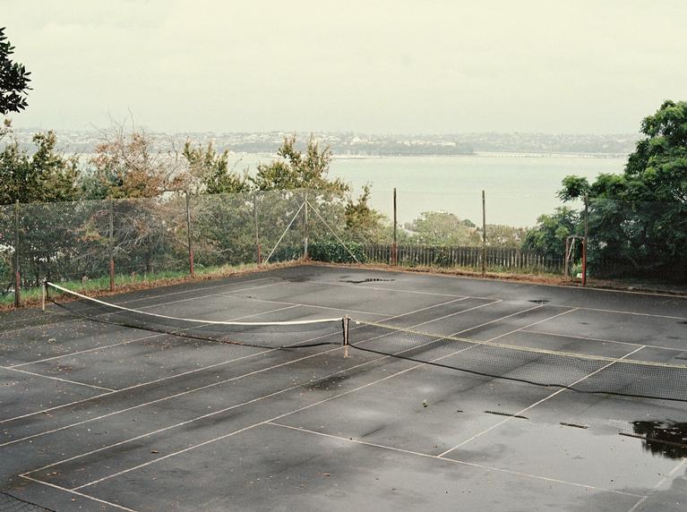 View from Takarunga (previously Mt Victoria) of the tennis courts and Auckland harbour. Shot with medium format film.