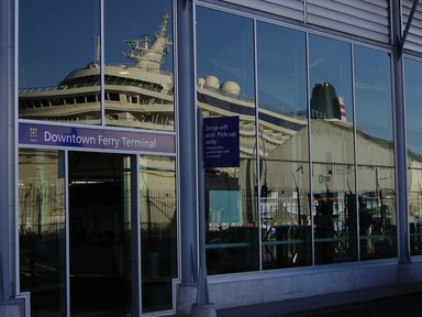 Samantha Smith; New Ferry Terminal; Reflections of a floating party palace on the downtown ferry terminal