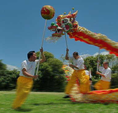J Ling; Flying dragon in Auckland; People practising dragon dance for the Chinese New year festival in Auckland Show ground