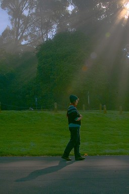 John Ling; Walking Meditation; Auckland University Student Sally Mcara Praticing Walking Meditation in Fowlds Park at a misty morning