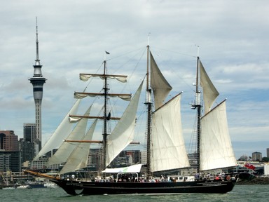 Zelda Wynn; Spirit of New Zealand; Auckland Tallships Festival 2006. Auckland city's Sky Tower standing proud.