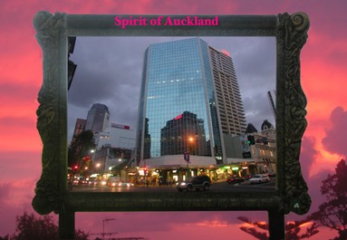 Judi Millar; Crossroads; spectacular Auckland sunrise with Regional Council frame and Auckland City