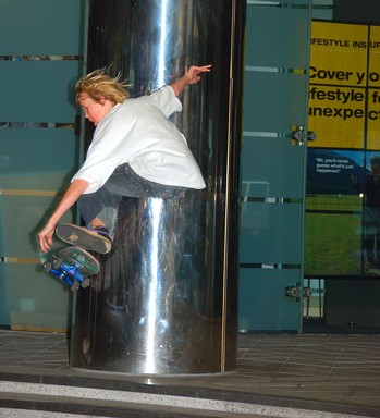 Steve Beguely; who needs insurance?; skateboarder in a forbidden zone in the CBD