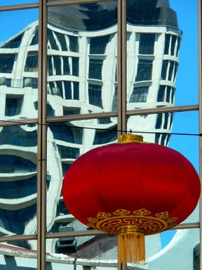  Chinese New Year 2008.Lantern in QueenStreet Auckland City with Buildings reflected in background