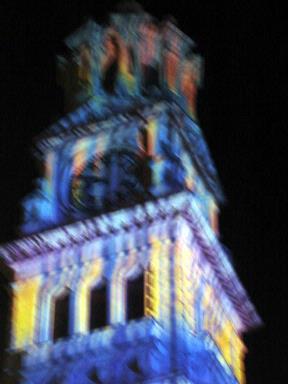 Julia; Blurred Tower of Power;Auckland Town Hall lit up for commercial advertising