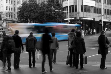 Lee Pike;Keeping you moving;Long exposure to show a bus moving whilst pedestrians wait to cross a road