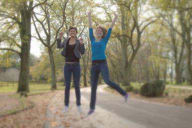 Lynn Clayton; Jump for Joy ; Teenage cousins enjoying Cornwall Park