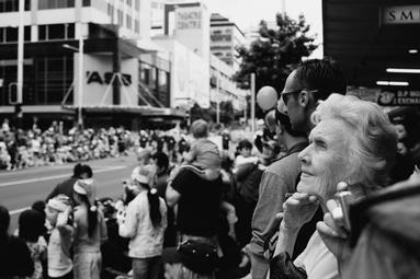Richard Hayton; I remember...; Auckland 2009 santa parade, Queen Street in front of Smith and Caughys. This old lady really stood out in the crowd to me, I really hope I captured some of her majestic elegance