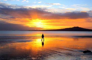 JERRY ZINN; early walker on takapuna beach;the perfect sunrise