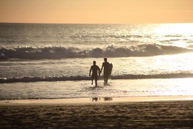 Elaine Lee; Surfers in the sunset;Auckland, Piha