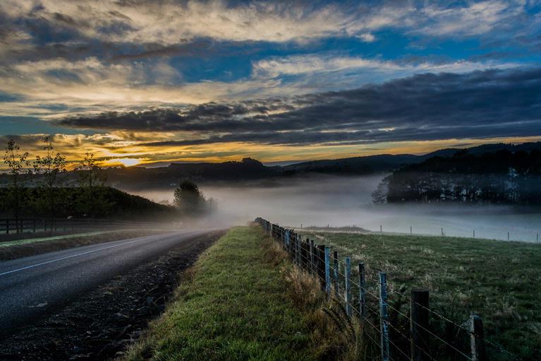 Antony Eley ;Road to Nowhere; Rural road disappearing in the morning mist in Whitford