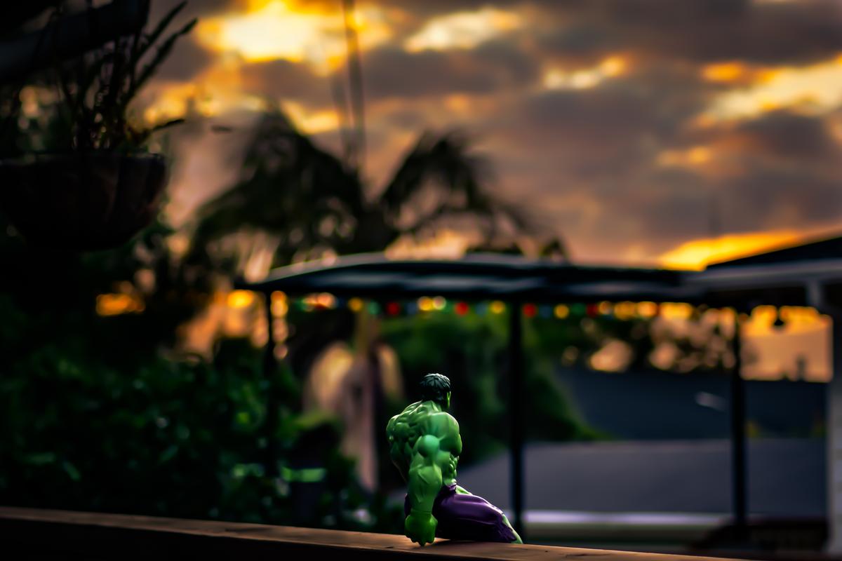 Paul Belli; Hulk contemplating; This is 2 layered photo 1st exposed for the sunrise the 2nd exposed for Hulk, linned up, merged & edited in PS.