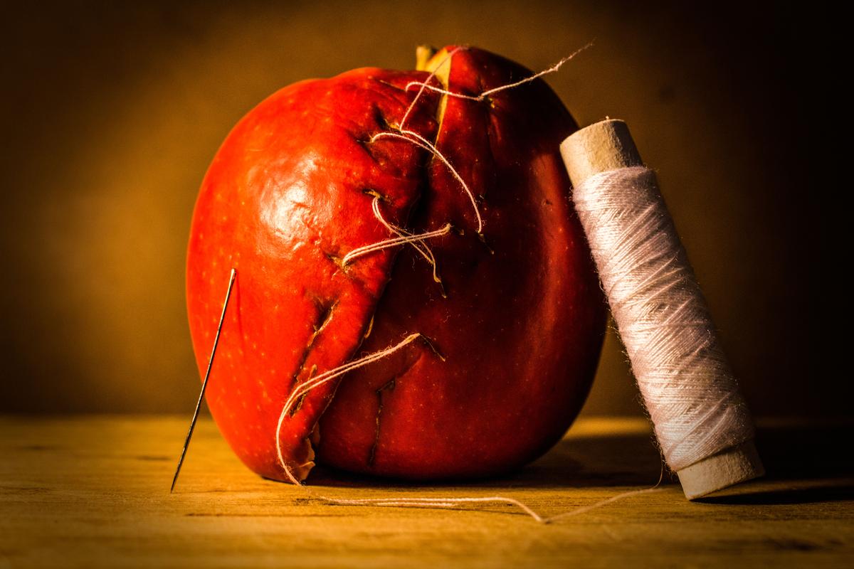 Charlie Deng; Still life, decaying apple sewn together;Still life photography, rotting apple sewn together to allude life.