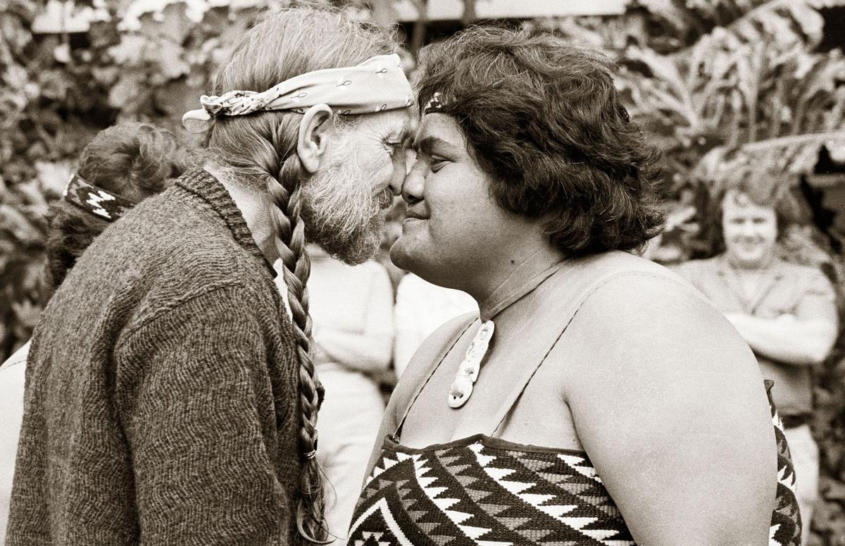Bruce Jarvis;Willie Nelson enjoy's a Hongi;In 1981 Willie Nelson was welcomed to New Zealand with a Powhiri at the White Heron Lodge in Parnell.