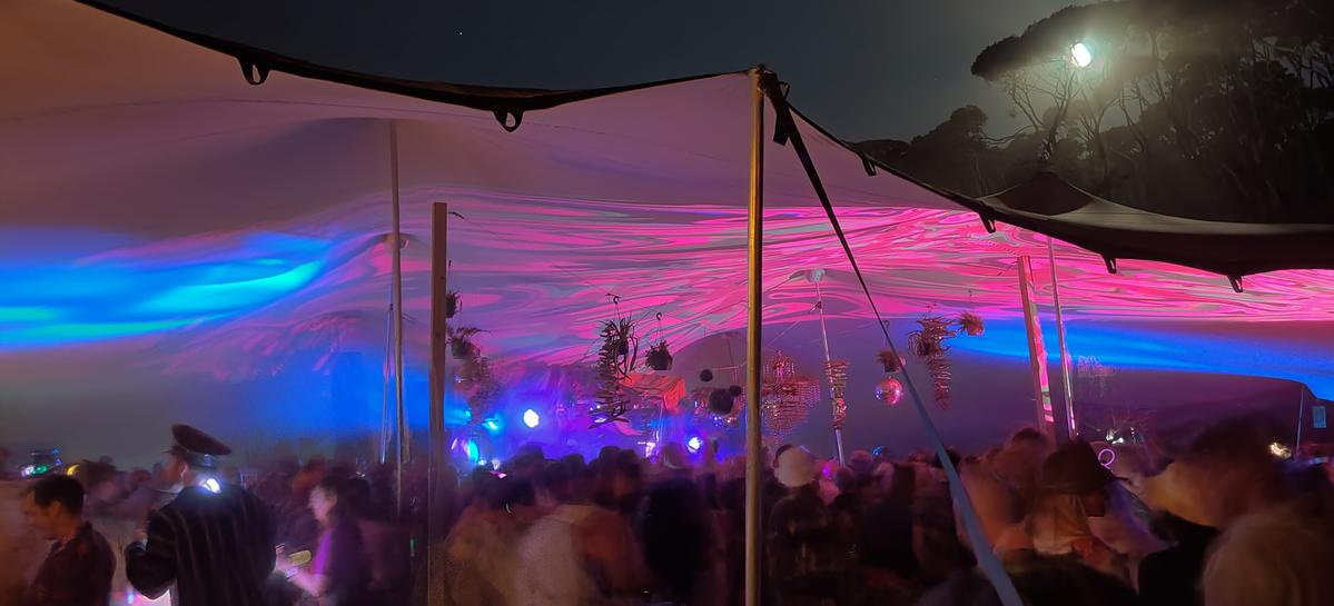 Rob Warner;A forest disco;The Kanuka Stage at Aum NYE Festival was an amazing disco experience. Inside it was a hot, heaving mass of bodies complete with mirror balls and projections. Outside it was a misty moonlit night in a forest.
