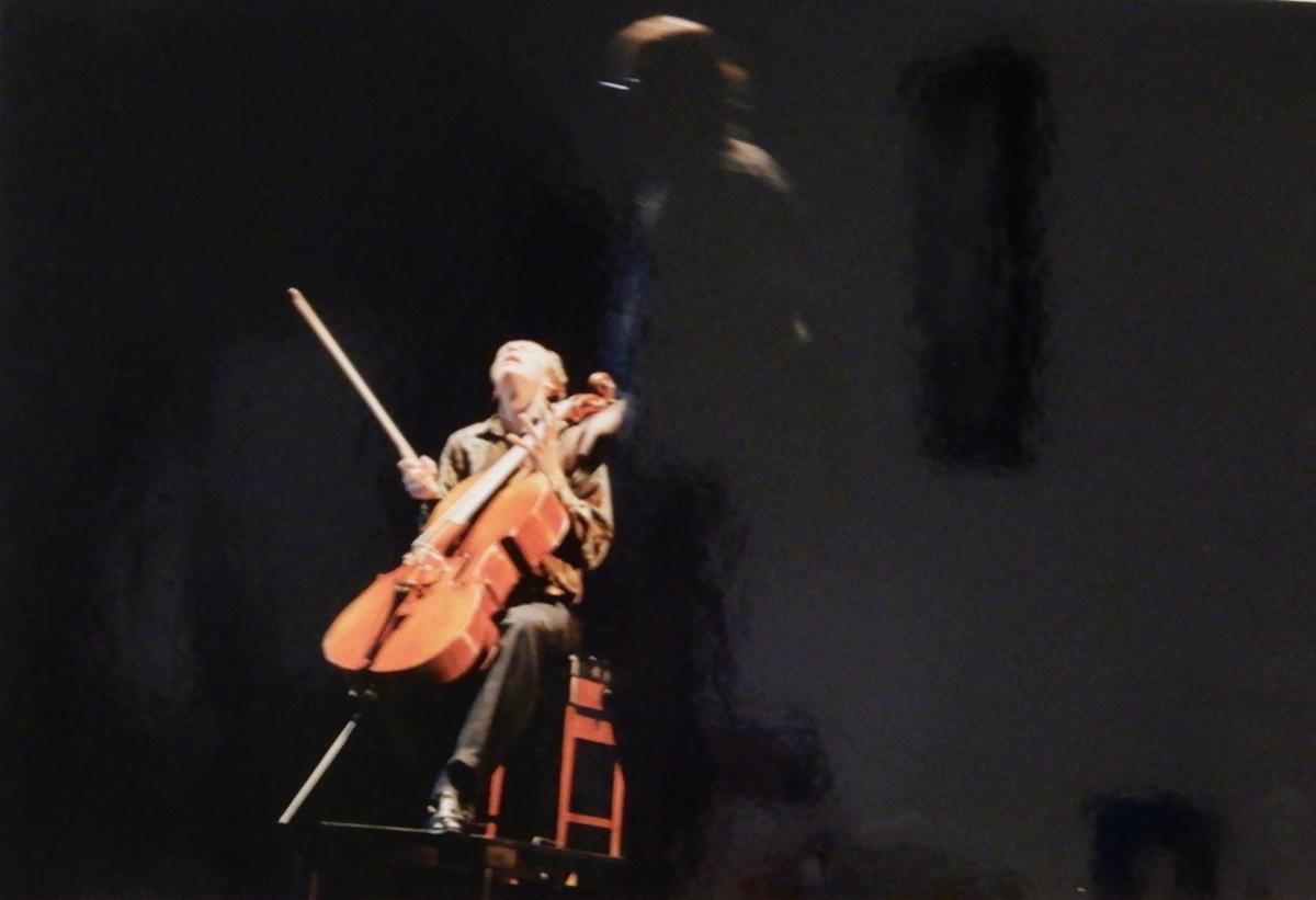 Terence O'Neill Joyce; New Zeland String Quartet;Rolf Gjelsten Cello, in Rehearsal, Maidment Theatre, Douglas Bielman, the ghostly figure