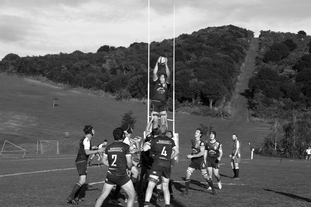 Phillipa Karn;Rugby Lineout Waiheke  Black and white