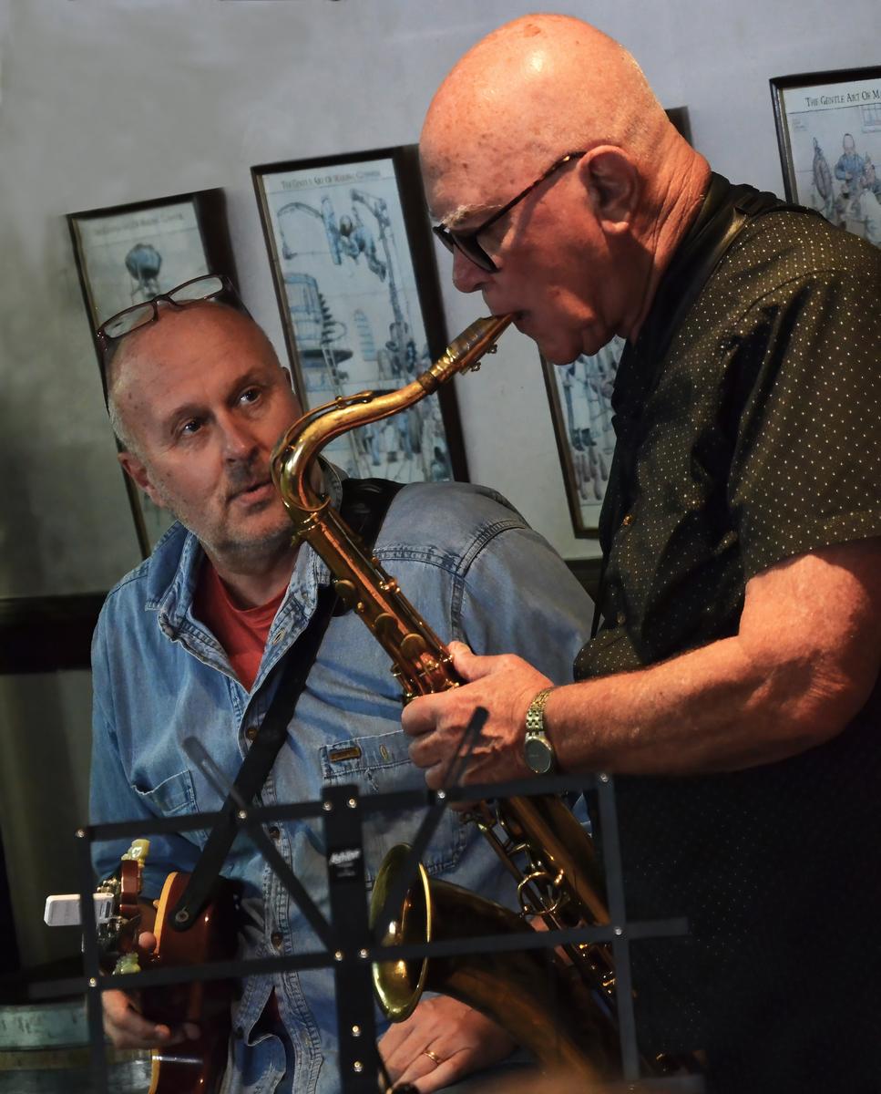 Colin Lunt; Brian Smith, mega sax player;Brian hitting an interesting note, Guitarist Chris Neilson looking on