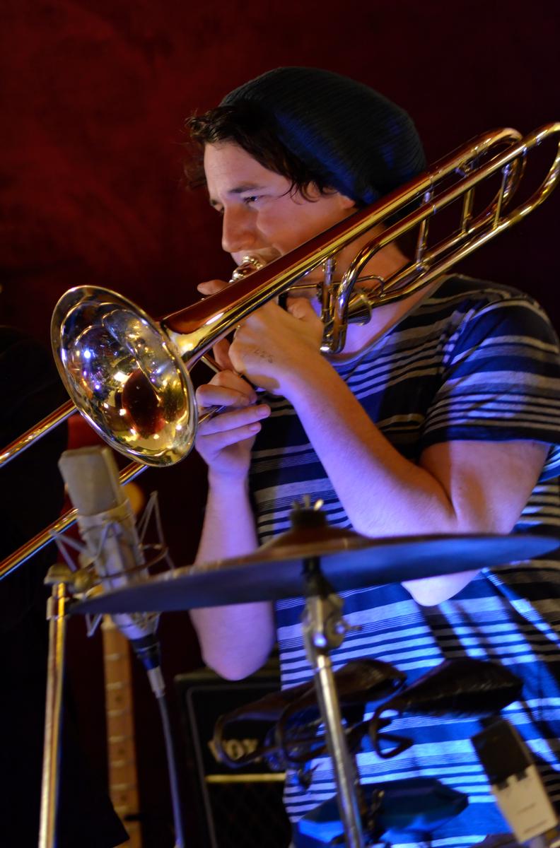 Colin Lunt;Hamish Jellyman trombone player Spiral Band;Hamish Jellyman of Spiral Band recording their album What's That Sound?