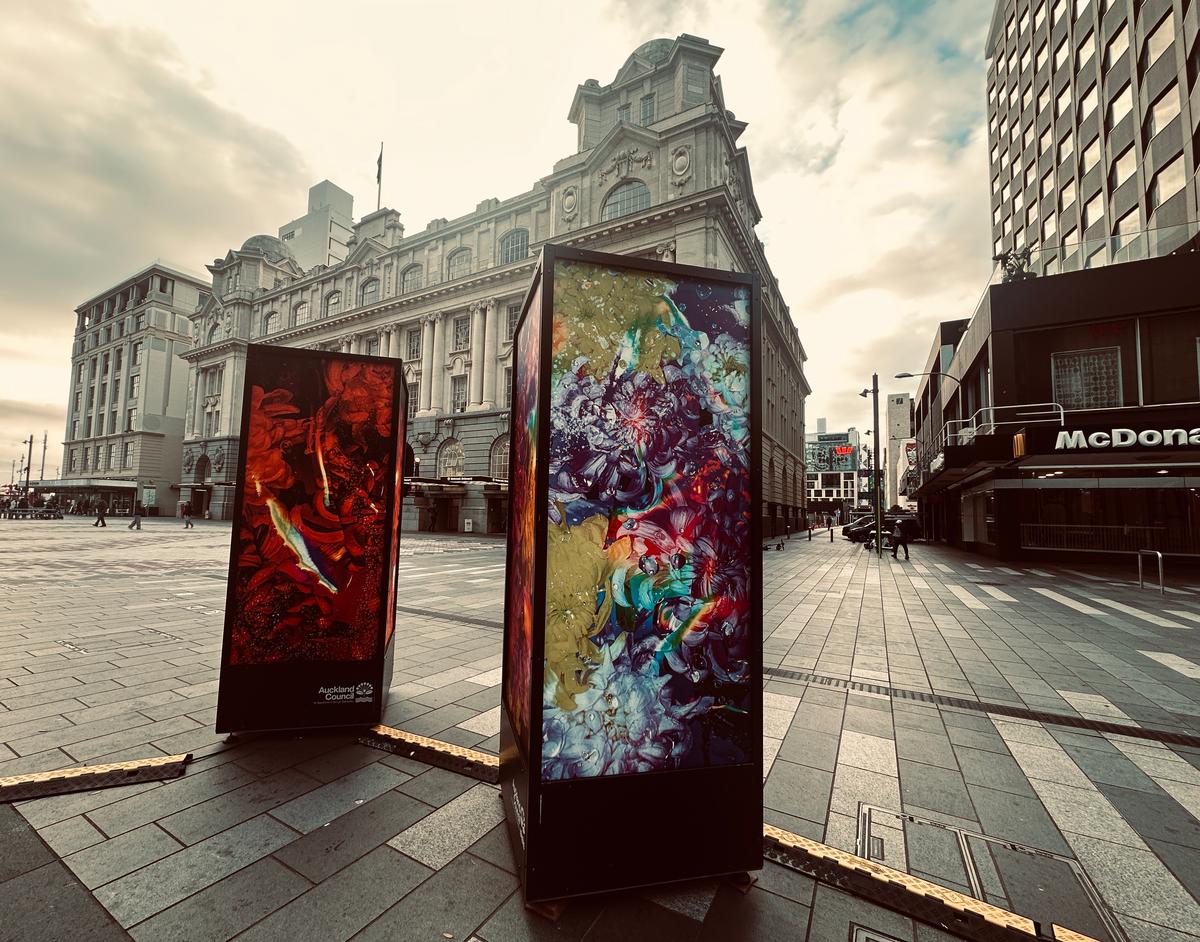 Lynn Clayton;Quiet Saturday morning  Britomart showing one of the Festival of Photography exhibits “Chrysanthemums “