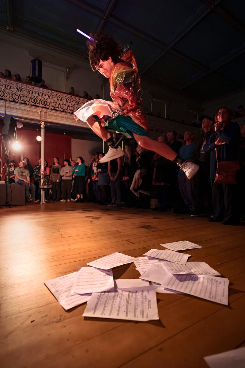Connor Crawford;Exploding Rainbow Orchestra at Hopetown Alpha;Dark Magician & Composer Joshua Worthington Church, levitating during ERO SOngbook THree
