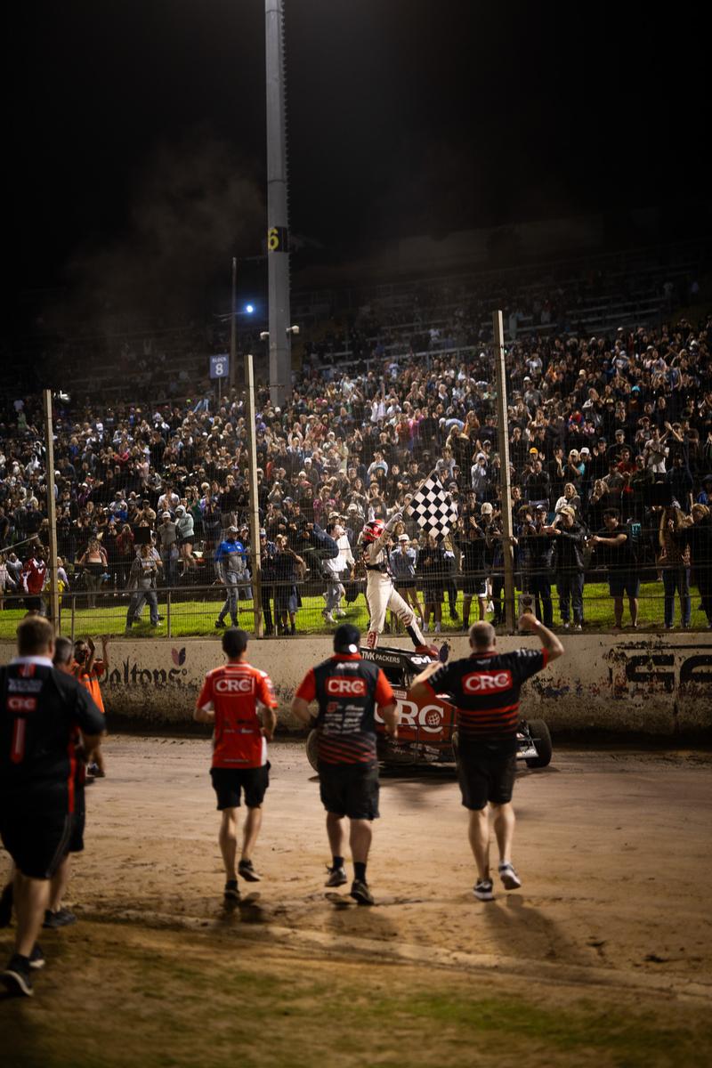 Nathan Smith;The Springs;Michael Pickens celebrating after winning the last ever 96 lap midget feature race at Western Springs Speedway.
