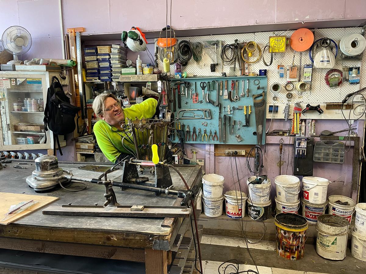 Dustin McNeilage;Shelley in his Leadlight workshop